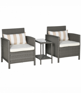 Rattan 2 Seater Patio Bistro Set with Cushion Pillow - Grey, Cream White