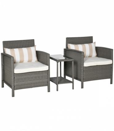 Rattan 2 Seater Patio Bistro Set with Cushion Pillow - Grey, Cream White
