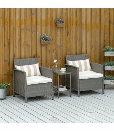 Rattan 2 Seater Patio Bistro Set with Cushion Pillow - Grey, Cream White