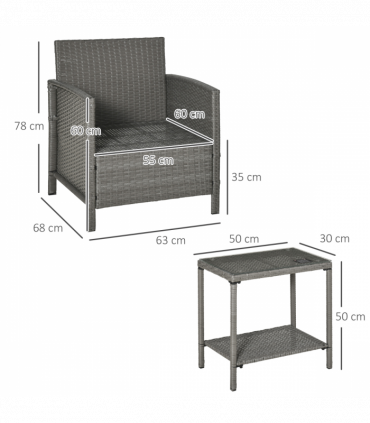 Rattan 2 Seater Patio Bistro Set with Cushion Pillow - Grey, Cream White