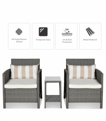 Rattan 2 Seater Patio Bistro Set with Cushion Pillow - Grey, Cream White