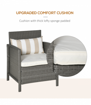 Rattan 2 Seater Patio Bistro Set with Cushion Pillow - Grey, Cream White