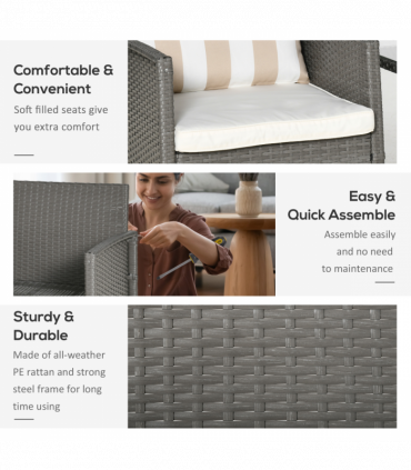 Rattan 2 Seater Patio Bistro Set with Cushion Pillow - Grey, Cream White