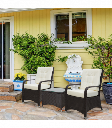 Rattan 3PCs Chair Table Bistro Set Patio Set w/ Steel Frame White