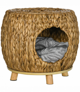 Rattan Cat House Stool, Wicker Kitten Bed for Outdoors and Indoors w/ Cushion