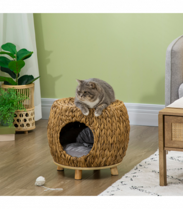 Rattan Cat House Stool, Wicker Kitten Bed for Outdoors and Indoors w/ Cushion