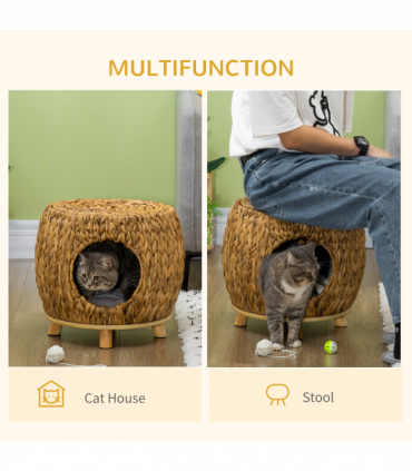 Rattan Cat House Stool, Wicker Kitten Bed for Outdoors and Indoors w/ Cushion