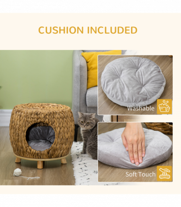 Rattan Cat House Stool, Wicker Kitten Bed for Outdoors and Indoors w/ Cushion