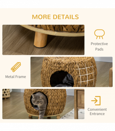 Rattan Cat House Stool, Wicker Kitten Bed for Outdoors and Indoors w/ Cushion