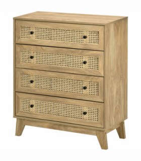 Rattan Chest of Drawers 4-Drawer Dresser Storage Cabinet Bedroom, Wood Effect