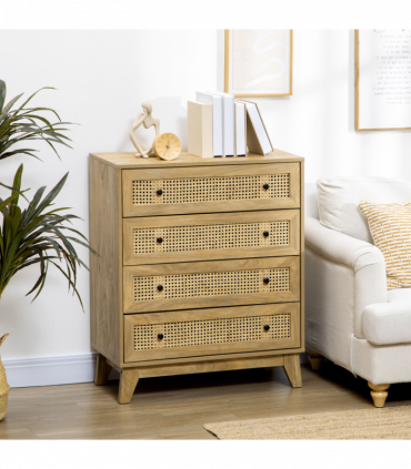 Rattan Chest of Drawers 4-Drawer Dresser Storage Cabinet Bedroom, Wood Effect