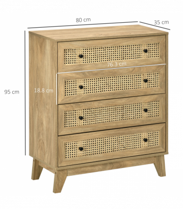 Rattan Chest of Drawers 4-Drawer Dresser Storage Cabinet Bedroom, Wood Effect
