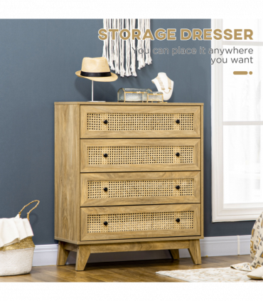 Rattan Chest of Drawers 4-Drawer Dresser Storage Cabinet Bedroom, Wood Effect
