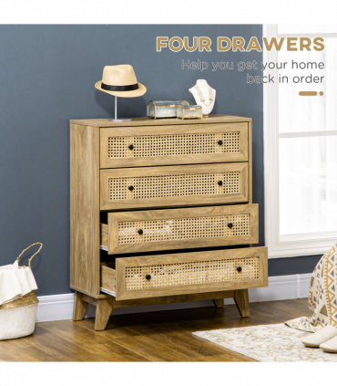 Rattan Chest of Drawers 4-Drawer Dresser Storage Cabinet Bedroom, Wood Effect