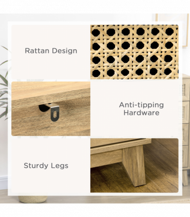 Rattan Chest of Drawers 4-Drawer Dresser Storage Cabinet Bedroom, Wood Effect
