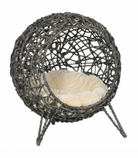 Rattan Elevated Cat House Kitten Basket Pet Bed w/ Cushion - Silver-Tone, Grey