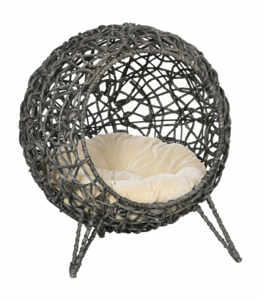 Rattan Elevated Cat House Kitten Basket Pet Bed w/ Cushion - Silver-Tone, Grey