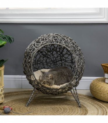 Rattan Elevated Cat House Kitten Basket Pet Bed w/ Cushion - Silver-Tone, Grey