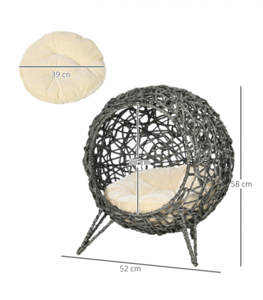 Rattan Elevated Cat House Kitten Basket Pet Bed w/ Cushion - Silver-Tone, Grey