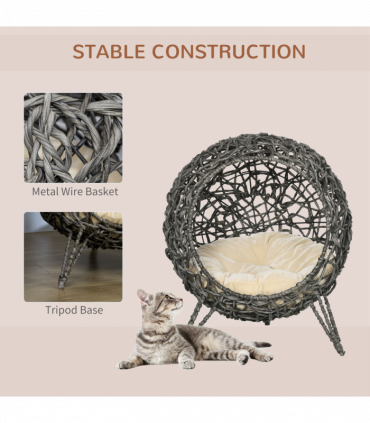 Rattan Elevated Cat House Kitten Basket Pet Bed w/ Cushion - Silver-Tone, Grey