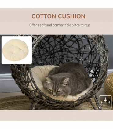 Rattan Elevated Cat House Kitten Basket Pet Bed w/ Cushion - Silver-Tone, Grey