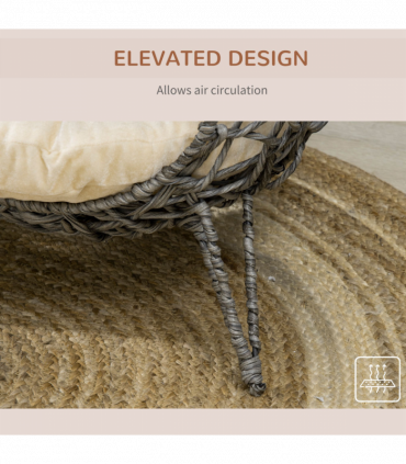 Rattan Elevated Cat House Kitten Basket Pet Bed w/ Cushion - Silver-Tone, Grey
