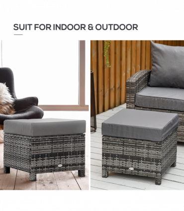Rattan Footstool Ottoman w/Padded Cushion Outdoor 50x50x35 cm Grey