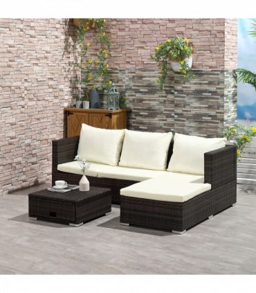 Rattan Garden Sofa Set Storage Table Wicker Patio Lounger 4-Seater Brow