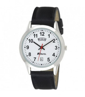 Ravel Mens Stainless Steel Day/Date  Faux Leather Strap Watch R0706.20.1
