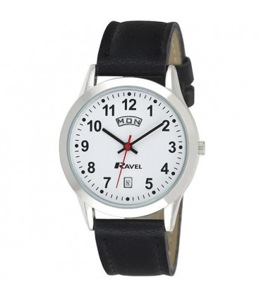 Ravel Mens Stainless Steel Day/Date  Faux Leather Strap Watch R0706.20.1