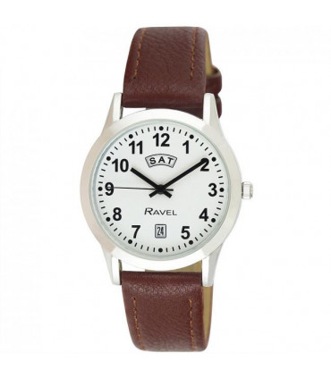 Ravel Mens Stainless Steel Day/Date Brown Faux Leather Strap Watch R0706.41.1