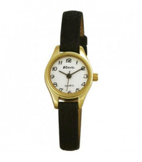 Ravel Ladies Polished Round Petite Gilt Case Black Strap Watch R0124.03.2