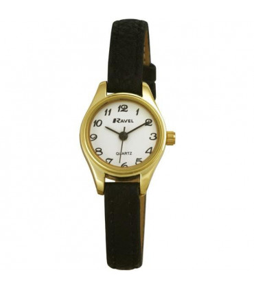 Ravel Ladies Polished Round Petite Gilt Case Black Strap Watch R0124.03.2