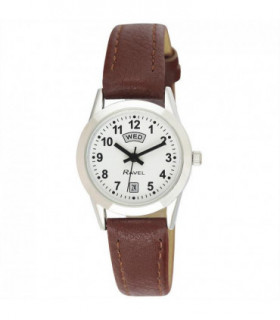 Ravel Womens Stainless Steel Day/Date Brown Faux Leather Strap Watch R0706.41.2