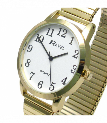 Ravel Mens Bold Number White Dial Gold Expander Bracelet Watch R0232.02.1