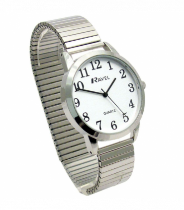 Ravel Mens Bold Number White Dial Silver Expander Bracelet Watch R0232.01.1