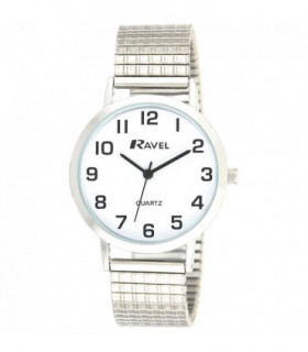 Ravel Mens Basic Classic Easy Read Silver / White Expander Bracelet Watch R0201.01.1