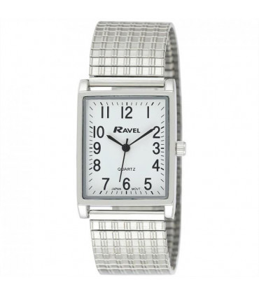 Ravel Mens Basic Classic Rectangular Silver Expander Bracelet Watch R0220.02.1