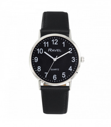 Ravel Mens Classic Big Black Dial Black Leather Strap Watch R0129.23.1