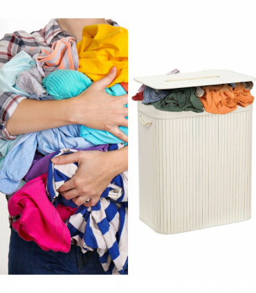 Rectangular Bamboo Laundry Basket-White with Divider