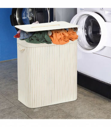 Rectangular Bamboo Laundry Basket-White with Divider