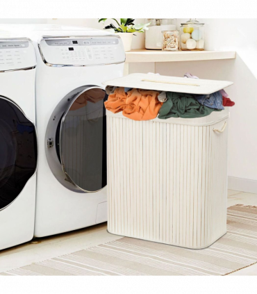 Rectangular Bamboo Laundry Basket-White with Divider