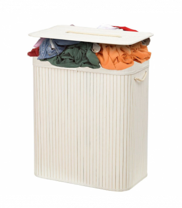 Rectangular Bamboo Laundry Basket-White with Divider
