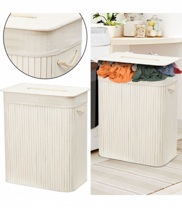 Rectangular Bamboo Laundry Basket-White with Divider