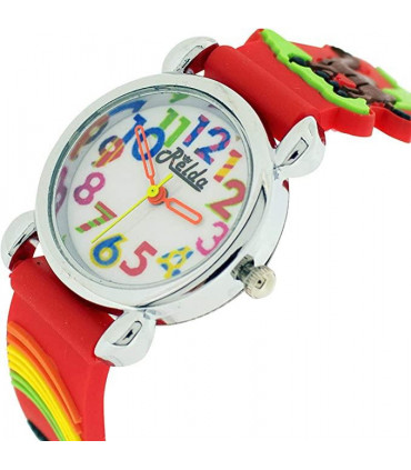 Relda Children's Big Number Analog 3D Zoo Animals Red Silicone Strap Girl's Watch REL106