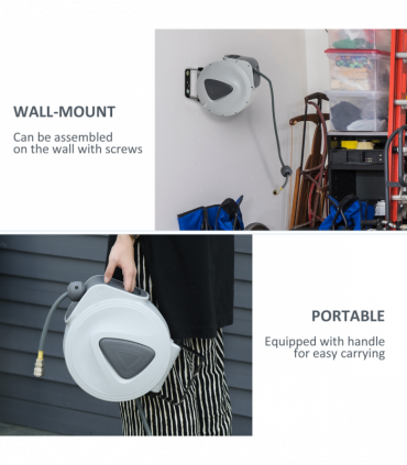 Retractable Air Hose Reel Auto Self-Winding Wall Mount 1/4" 15m+140cm Durhand