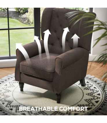 Retro Accent Chair Wingback Armchair with Wood Frame for Living Room Brown