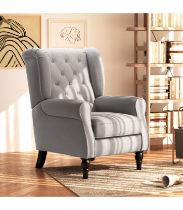 Retro Accent Chair Wingback Armchair with Wood Frame for Living Room Grey