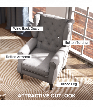 Retro Accent Chair Wingback Armchair with Wood Frame for Living Room Grey