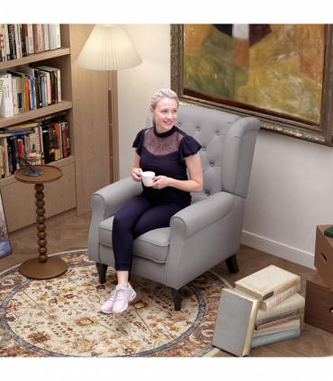 Retro Accent Chair Wingback Armchair with Wood Frame for Living Room Grey